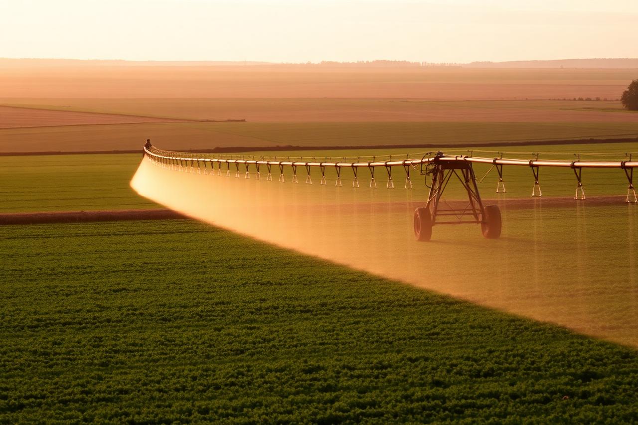 Irrigation pivot watering a green crop field at sunset