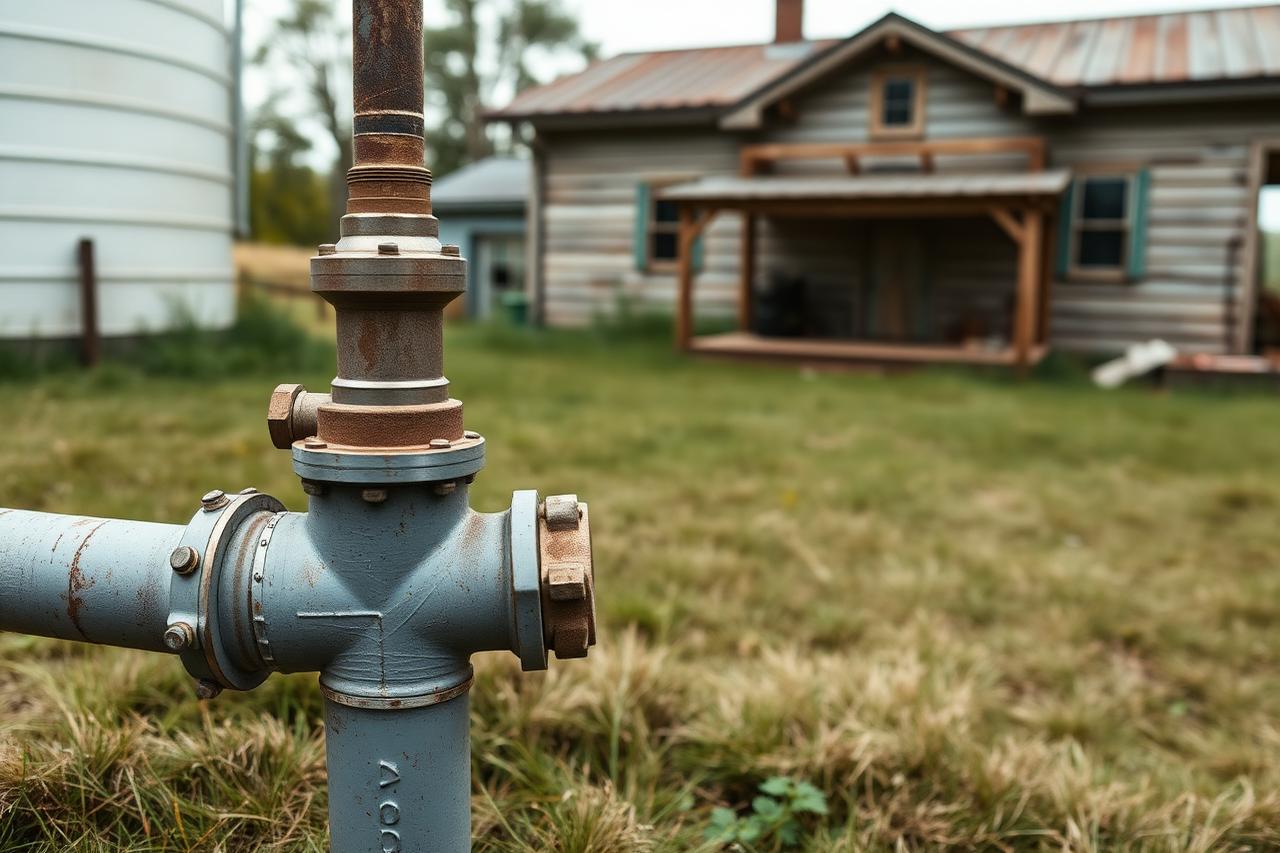 Wellhead casing and pressure fittings in a rural yard beside a farmhouse