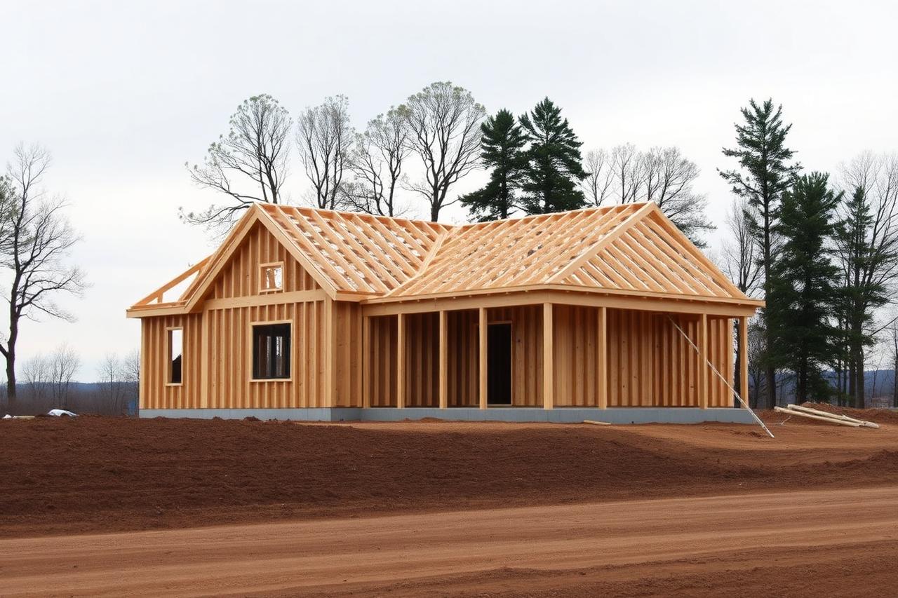 A new single-family house under framing on a large rural lot